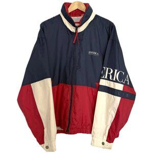 Vintage Perry Ellis Jacket Men XL Navy Red America 80s 90s Full Zip Logo Sailing